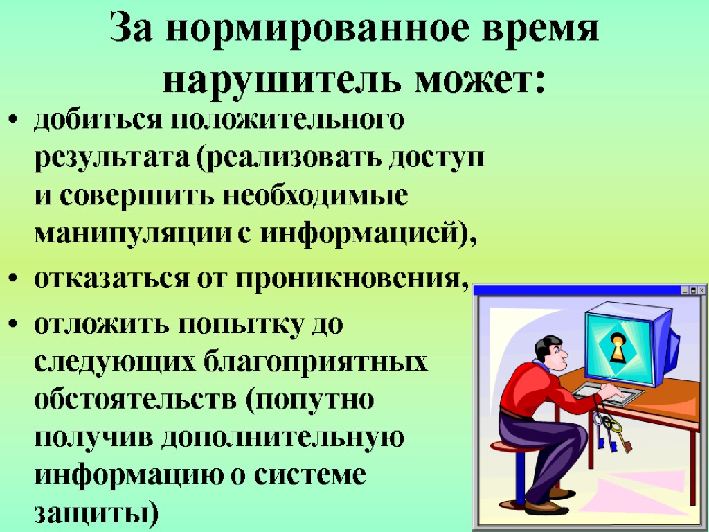 За нормированное время нарушитель может: добиться положительного результата (реализовать доступ и совершить необходимые манипуляции